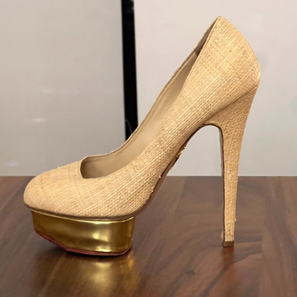 Charlotte Olympia Dolly Raffia Gold Platform Heels size 38